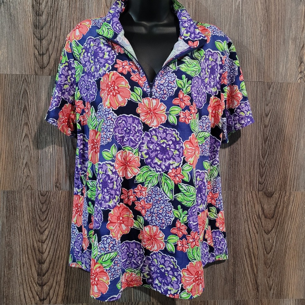 IBKUL 1/4 Zip Short Sleeve Top XXL 2XL Multi Floral UPF 50+ Cooling Quick Dry